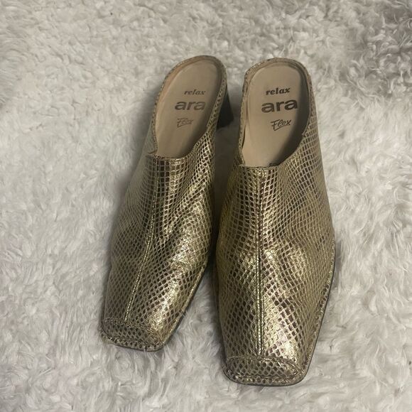 Ara Relax Flex gold & bronze Leather Textured Slip on Heel Mules SZ US 8 run big - Picture 2 of 10